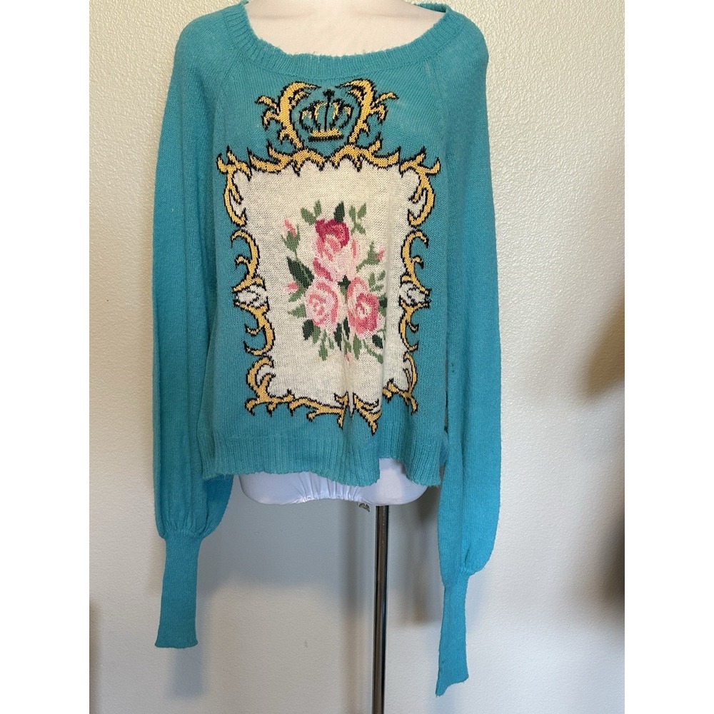 Wildfox White Label Blue Victorian Rose Sweater Size S Semi Sheer Long‎ Sleeves